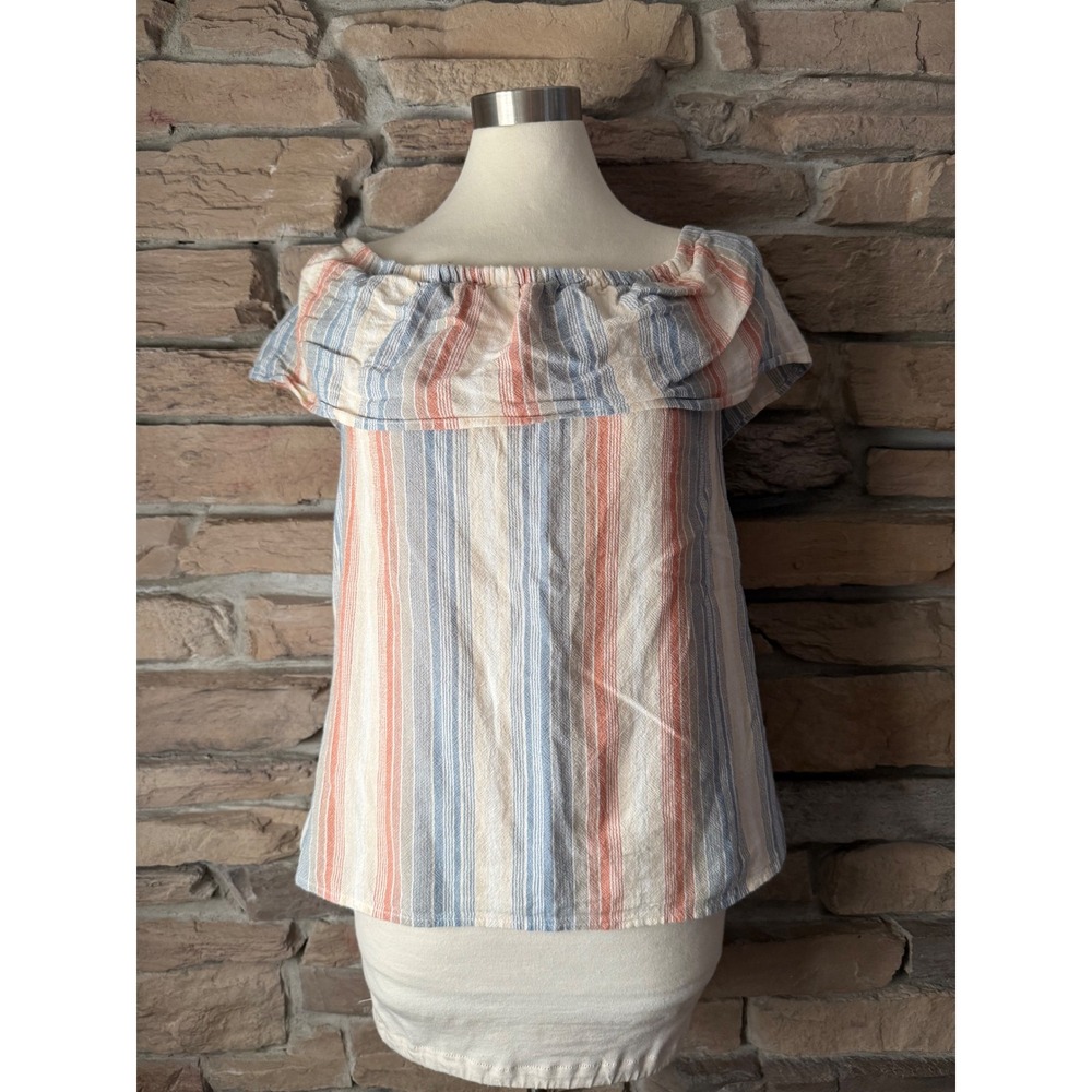 Vintage America Blues Hera Striped Off The Shoulder Ruffle Top Blue Red Med